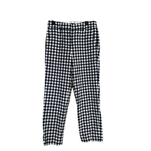 J Crew Holland Linen Straight Leg Checkered Pants Ankle Pockets 00 Black White - Picture 1 of 14